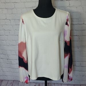 Nine West Cream Pink Blouse PXXL Puffed Long Sleeve Feminine Watercolor